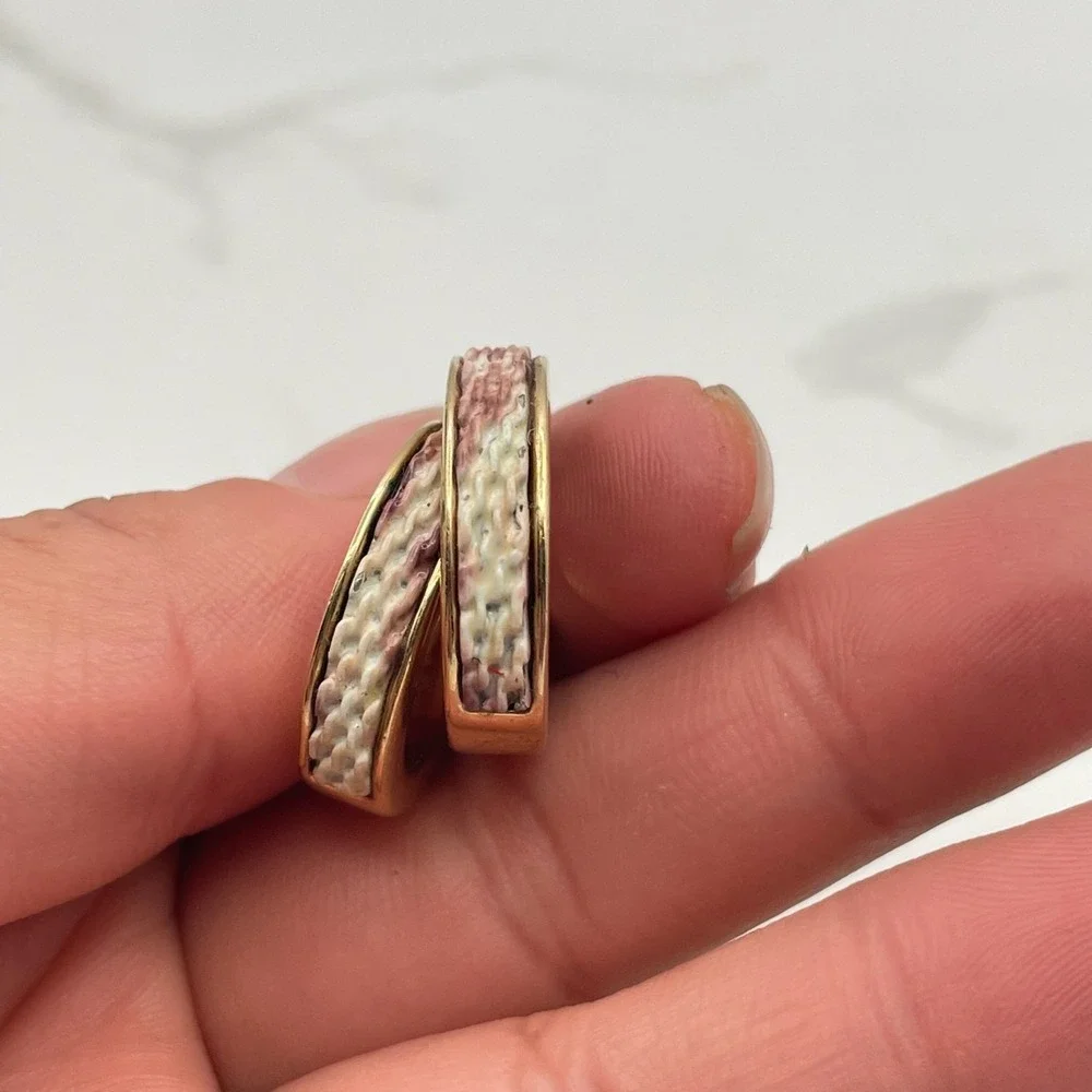 Vintage Gold Tone Hoop Earrings with Woven Style Enamel Detail Snap Closure Boho